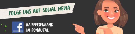 Frau zeigt auf Raiffeisenbank im Donautal Werbung Frau zeigt auf Raiffeisenbank im Donautal Werbung