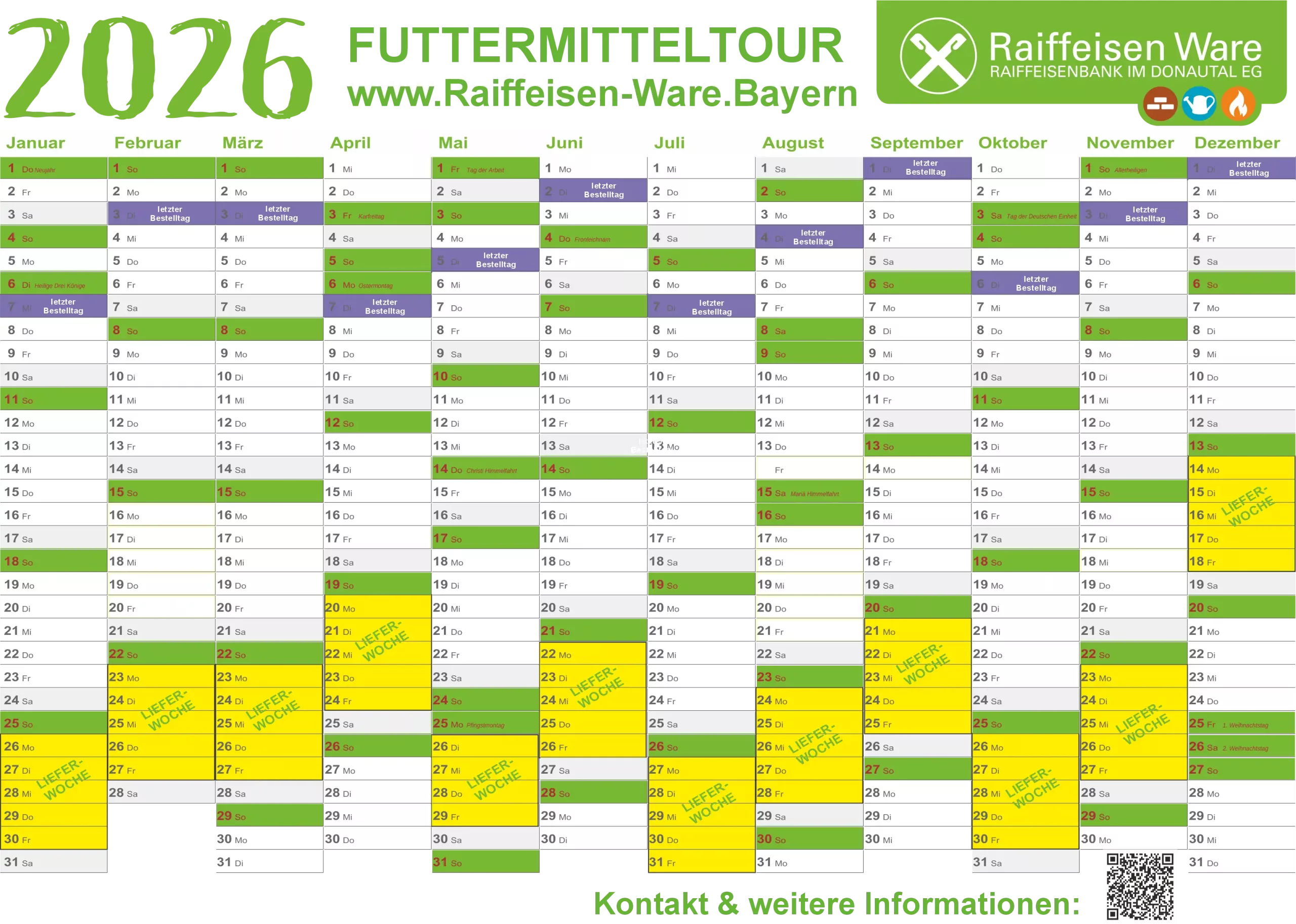 Kalender 2026 mit hervorgehobenen Futtermitteldaten