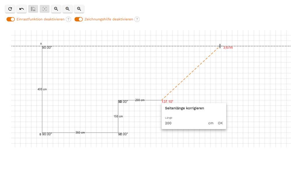 Zeichnung mit Maßlinien und Konfigurationsdetails anzeigen