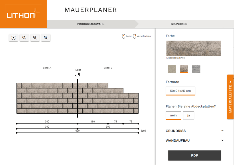 Mauerplaner Benutzeroberfläche mit Mauerstein Auswahloptionen