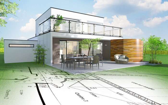 Moderner Hausentwurf mit Bauplan im Vordergrund