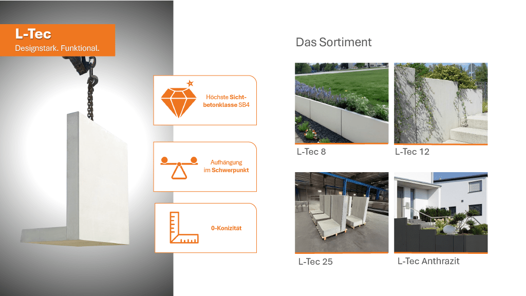 Sortiment von L-Tec Betonprodukten und Anwendungen