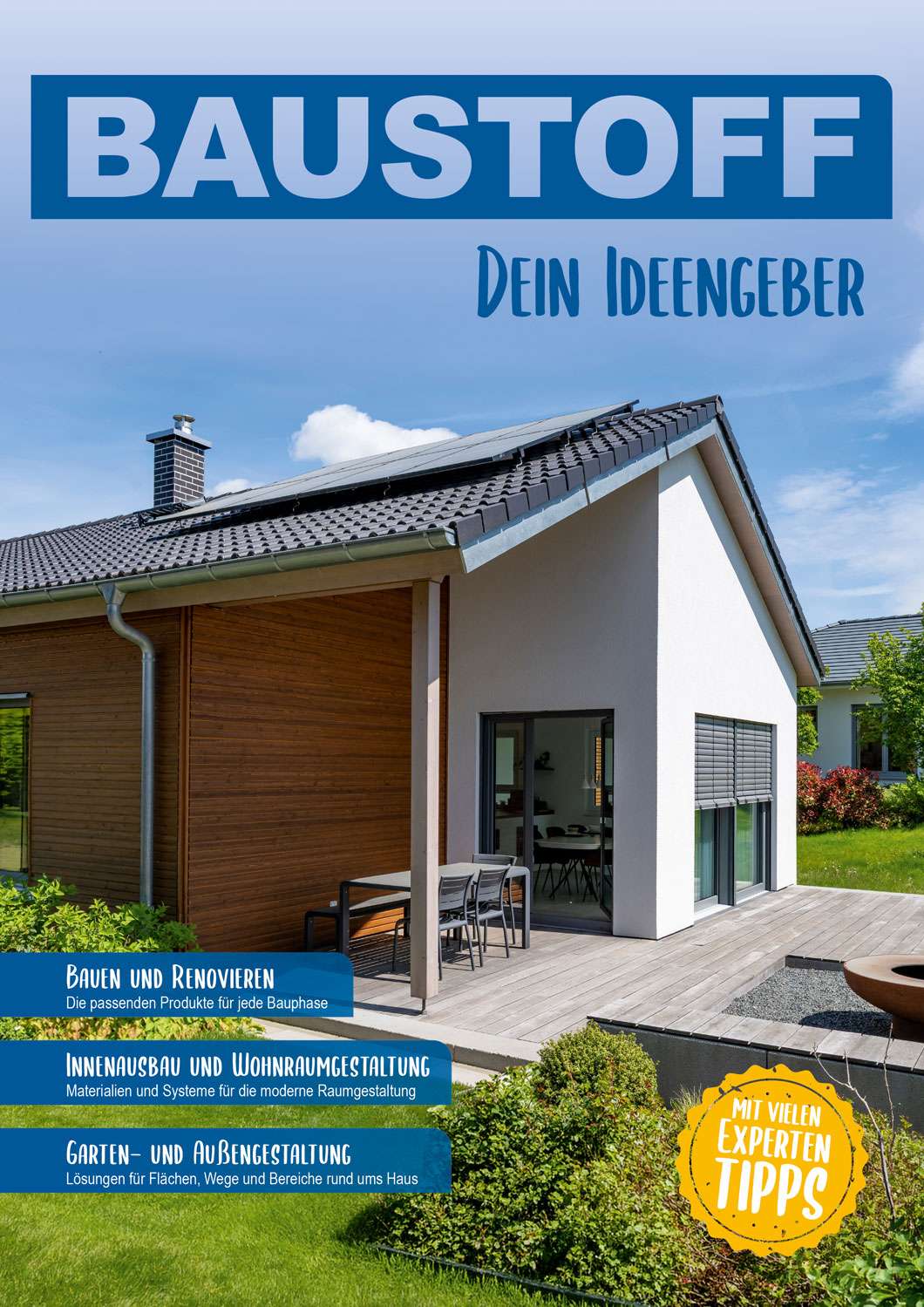 Modernes Einfamilienhaus mit Terrasse im Sonnenschein